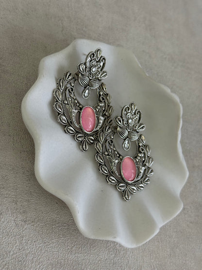 Ayura Designs Eila Earrings with Rose Pink Stone in Antique Silver Finish