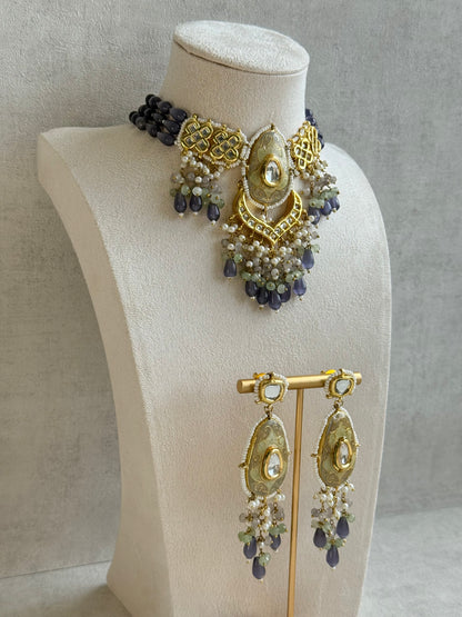 Ayura Designs Zarwali Meenakari Kundan Choker Set with Earrings – Dusty Lavender & Pearl Bead Detailing