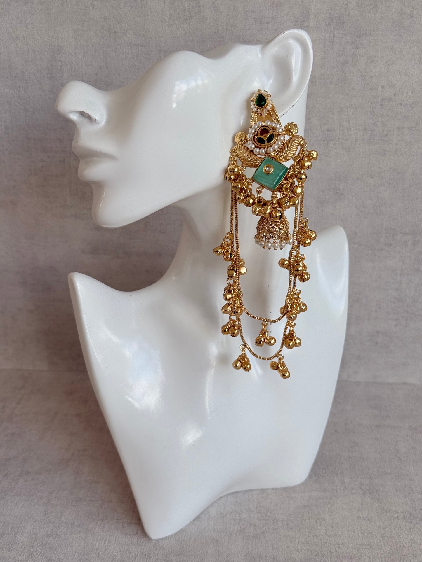 Ayura Designs Simal Earrings – Kashmiri Earrings with Mint Stone, Multicoloured Detailing, Layered Ghungroo Chains & Jhumkis