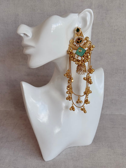Ayura Designs Simal Earrings – Kashmiri Earrings with Mint Stone, Multicoloured Detailing, Layered Ghungroo Chains & Jhumkis