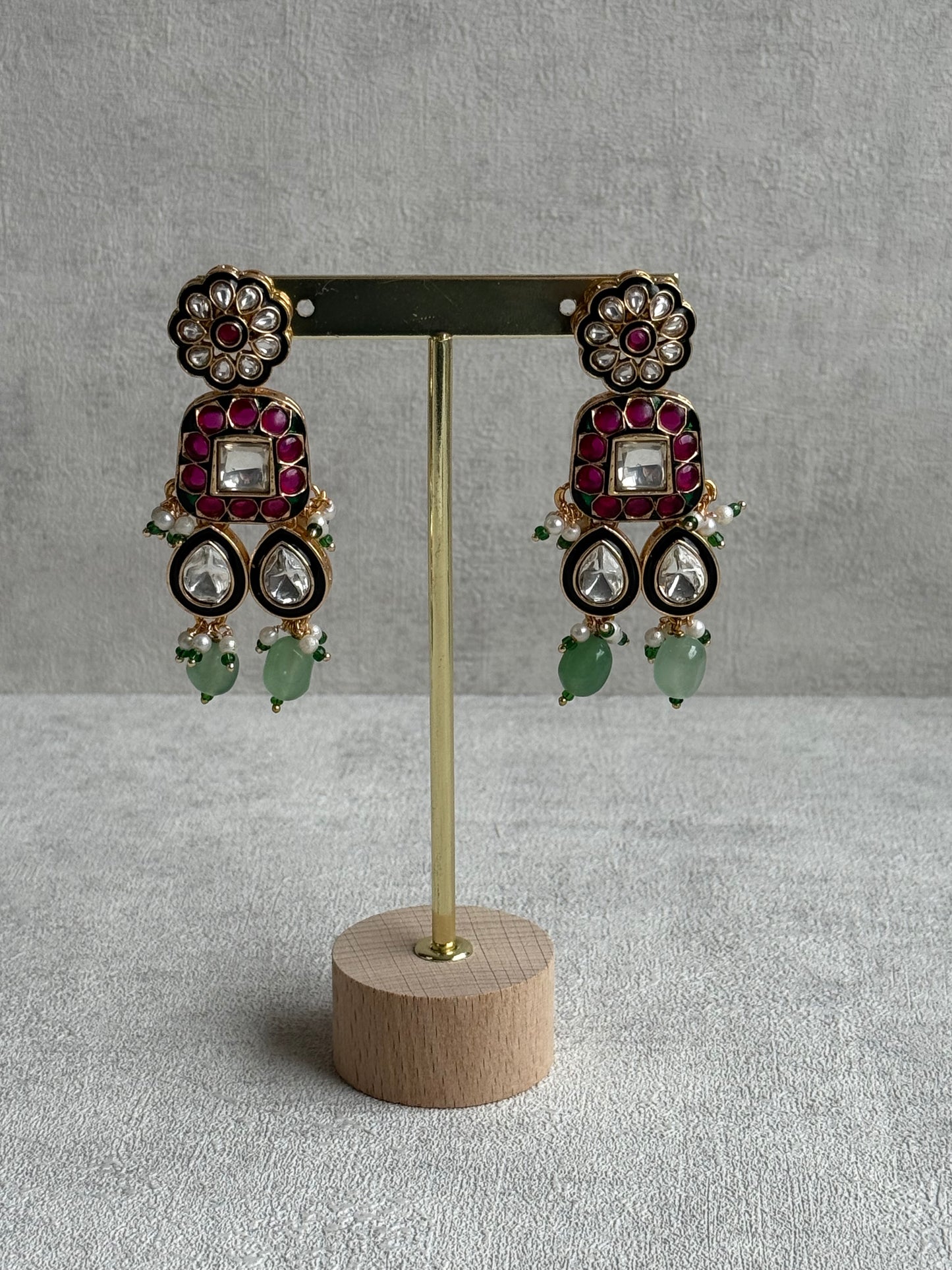 Ayura Designs Salma Set – Necklace, Earrings & Tikka with Mirror-Cut Kundan, Pink & Mint Beads, Emerald Green Meenakari & Gold Finish