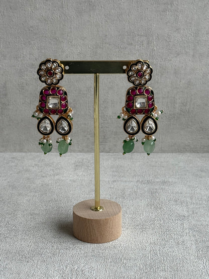 Ayura Designs Salma Set – Necklace, Earrings & Tikka with Mirror-Cut Kundan, Pink & Mint Beads, Emerald Green Meenakari & Gold Finish