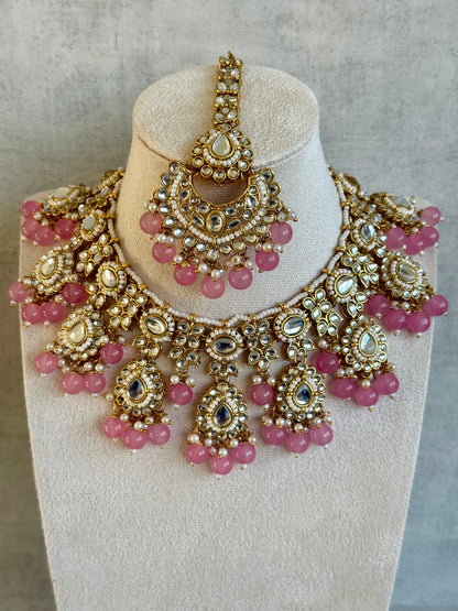 Ayura Designs Iyla Set with Necklace, Earrings & Tikka – Kundan Detailing, Ivory Pearl Drops & Soft Pink Beads
