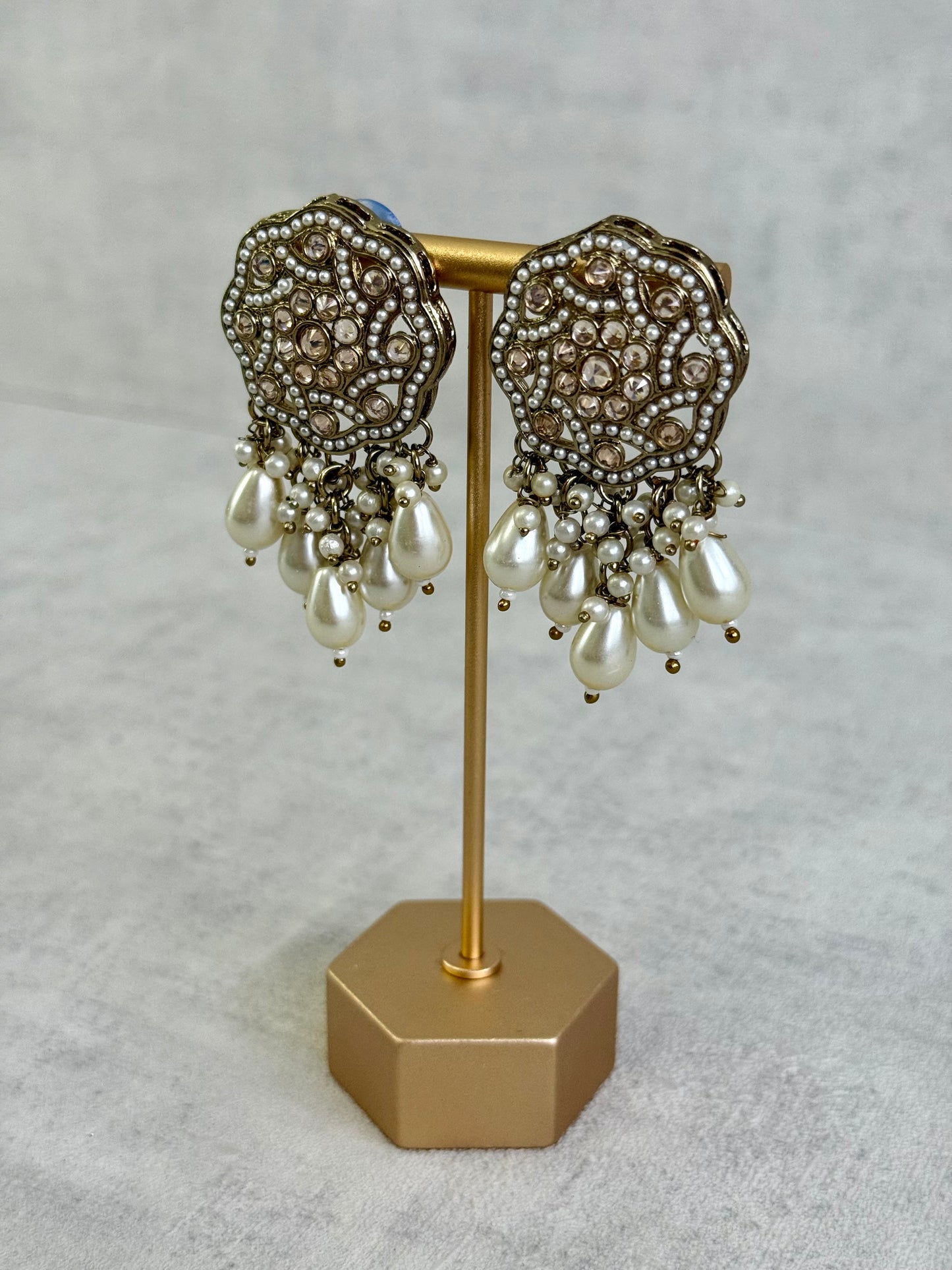 Ayura Designs Aynoor Halo Petal Earrings – Antique Gold Finish with Mirror-Cut Stones & Pearl Drops