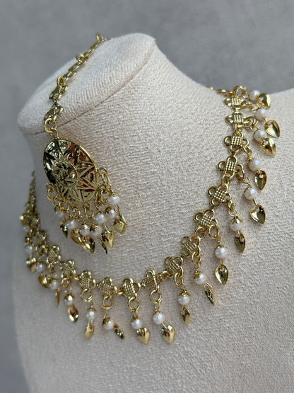 Ayura Designs Rupal Necklace Set with Earrings & Tikka – Gold Finish with Pearls & Pippal Patti Detailing