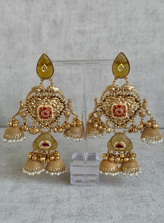 Ayura Designs Areesha Earrings – Gold-Plated Earrings with Yellow Carved Stones, Red Enamel, Layered Jhumkas & Pearl Detailing