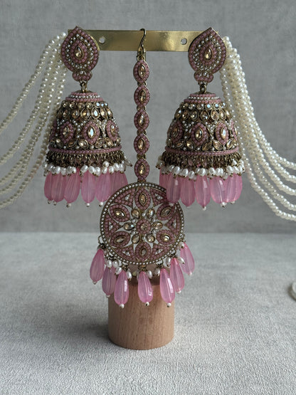 Ayura Designs Amrita Tikka Set – Jhumkis with Sahare & Tikka in Blush Pink, Pearls and Antique Gold Finish