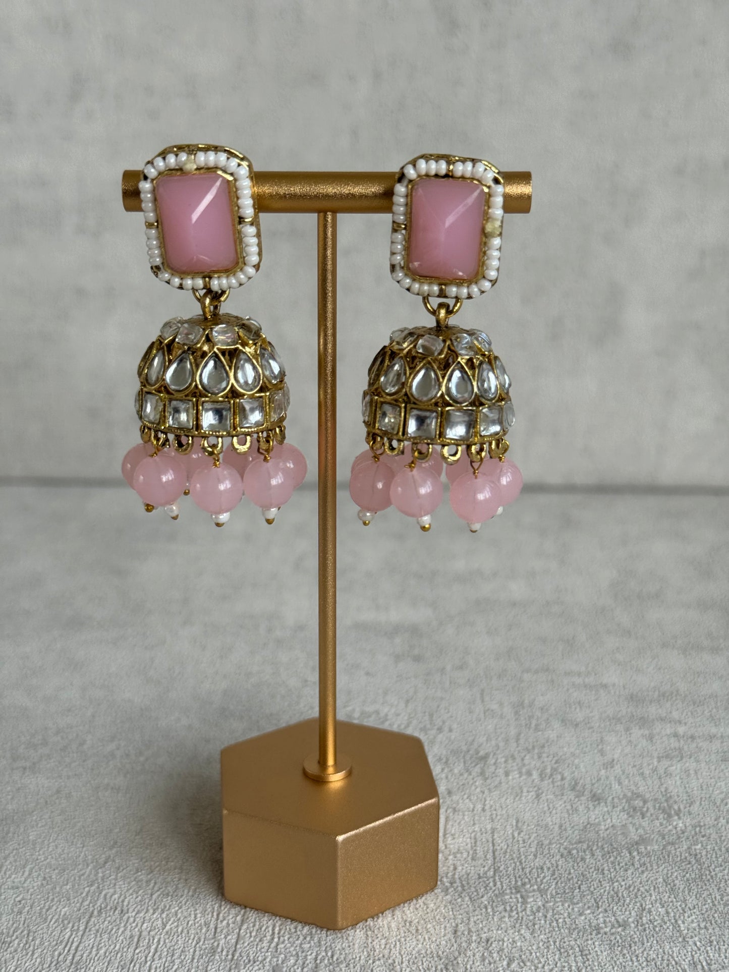 Ayura Designs Samaya Set with Jhumkis & Tikka – Blush Pink Stones, Kundan Detailing & Gold Finish