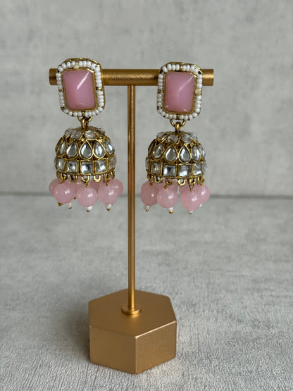 Ayura Designs Samaya Set with Jhumkis & Tikka – Blush Pink Stones, Kundan Detailing & Gold Finish