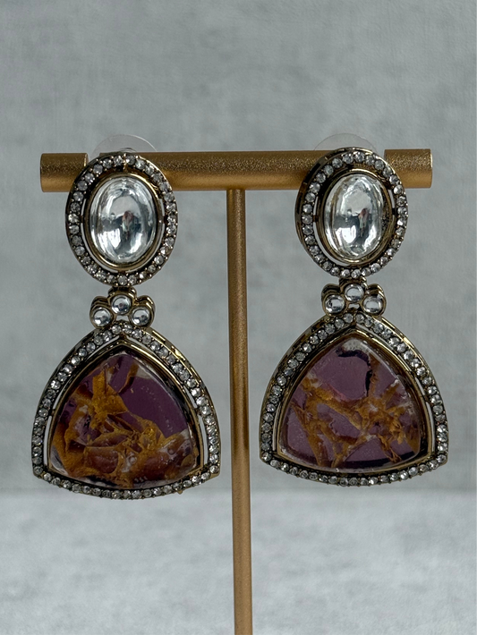 Ayura Designs Florence Earrings – mirror cut studs with Berry Pink Marble Resin & Crystal Borders