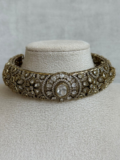 Ayura Designs Genevieve Choker Set with Studs – Crystal Kundan in Antique Gold