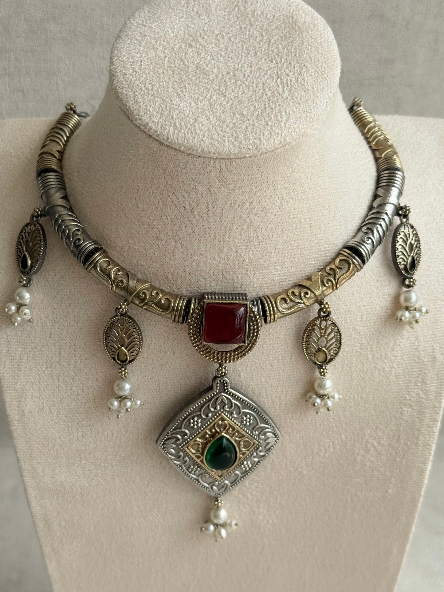 Ayura Designs Paayal Set with Earrings – Dual Tone Oxidised Necklace Set with Multicolour Stones & Pearl Clusters