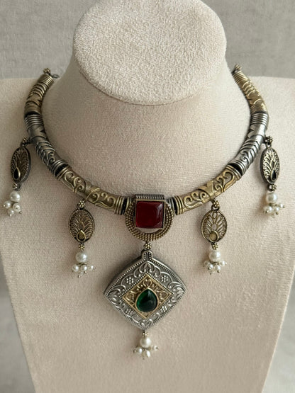 Ayura Designs Paayal Set with Earrings – Dual Tone Oxidised Necklace Set with Multicolour Stones & Pearl Clusters