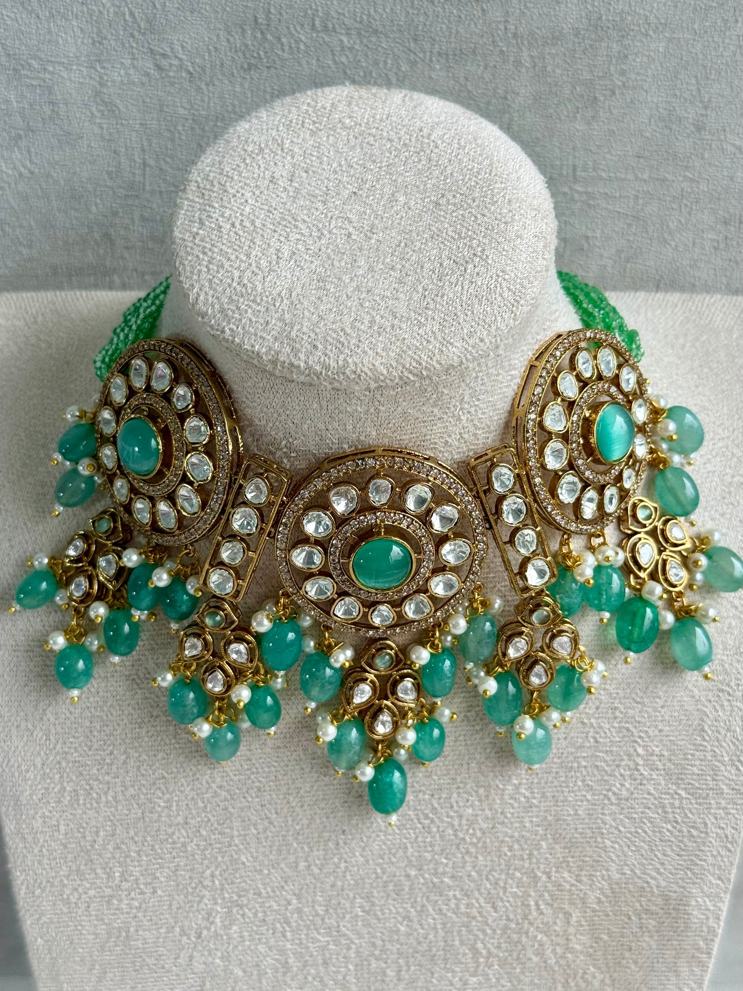 Ayura Designs Harper Set – Antique Gold Choker & Earrings with Mint Green Beads, Kundan Stones & Pearl Detailing
