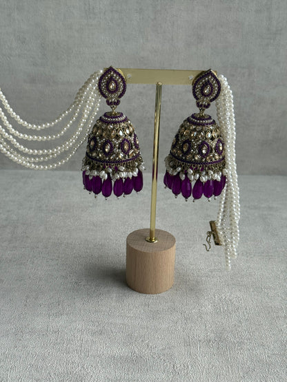 Ayura Designs Amrita Set – Jhumkis with Sahare & Tikka in Berry Purple, Pearls and Antique Gold Finish