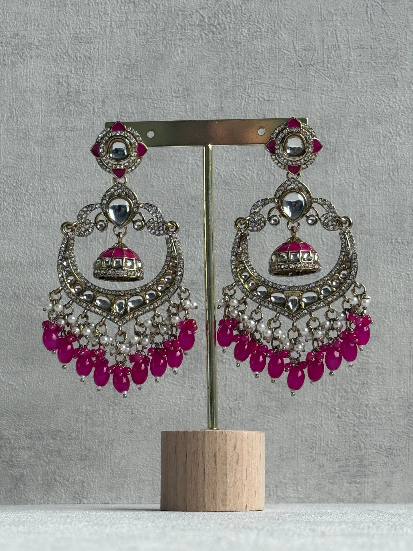 Ayura Designs Reha Earrings – Statement Chandbalis with Hot Pink Beads, Pearls & Mirror-Cut Stones