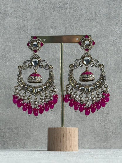 Ayura Designs Reha Earrings – Statement Chandbalis with Hot Pink Beads, Pearls & Mirror-Cut Stones