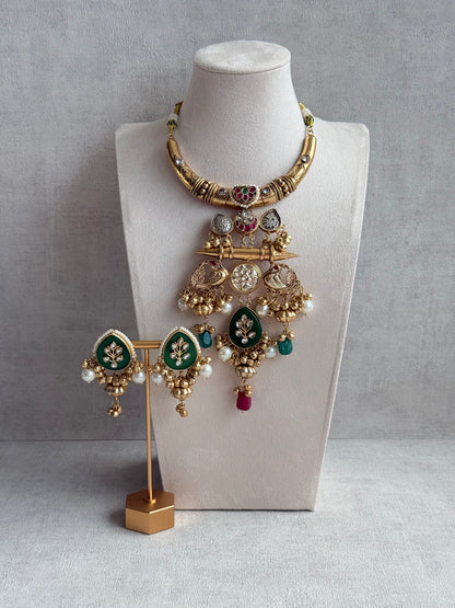 Ayura Designs Zaqsh Collar Necklace Set with Earrings – Antique Gold Peacock Pendant with Emerald Green Stones & Pearl Detailing