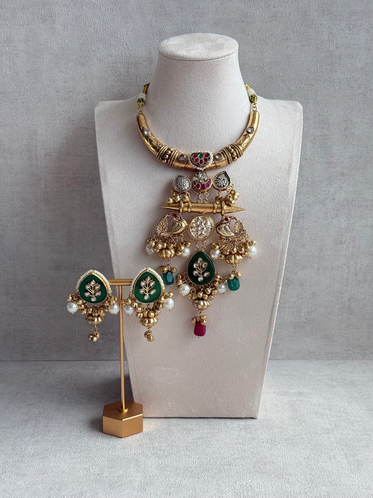 Ayura Designs Zaqsh Collar Necklace Set with Earrings – Antique Gold Peacock Pendant with Emerald Green Stones & Pearl Detailing