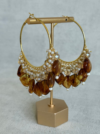 Ayura Designs Heer Balis – Gold Hoops with Smokey Amber Marble Beads, Pearls & Crystal Detailing