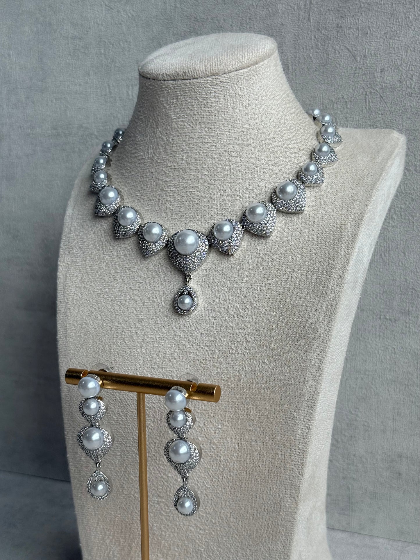 Ayura Designs Juliette Set with Necklace & Drop Earrings – Silver Crystal & Pearl Statement Set