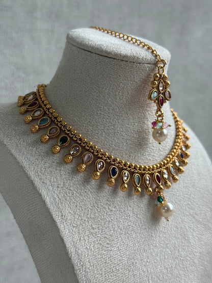 Ayura Designs Oorvi Set – Necklace, Earrings & Tikka with Mirror-Cut Multicolour Stones & Polished Gold Finish