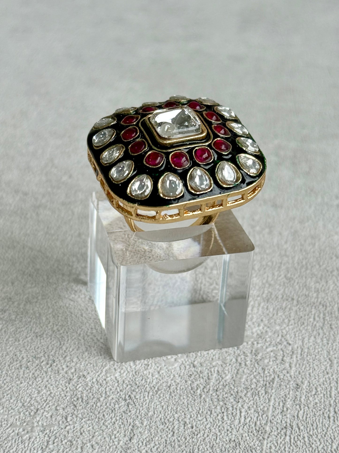 Ayura Designs Arzoo Adjustable Ring – Mirror-Cut Stone Centre with Ruby Pink Stones, Green Enamel & Crystal Detailing