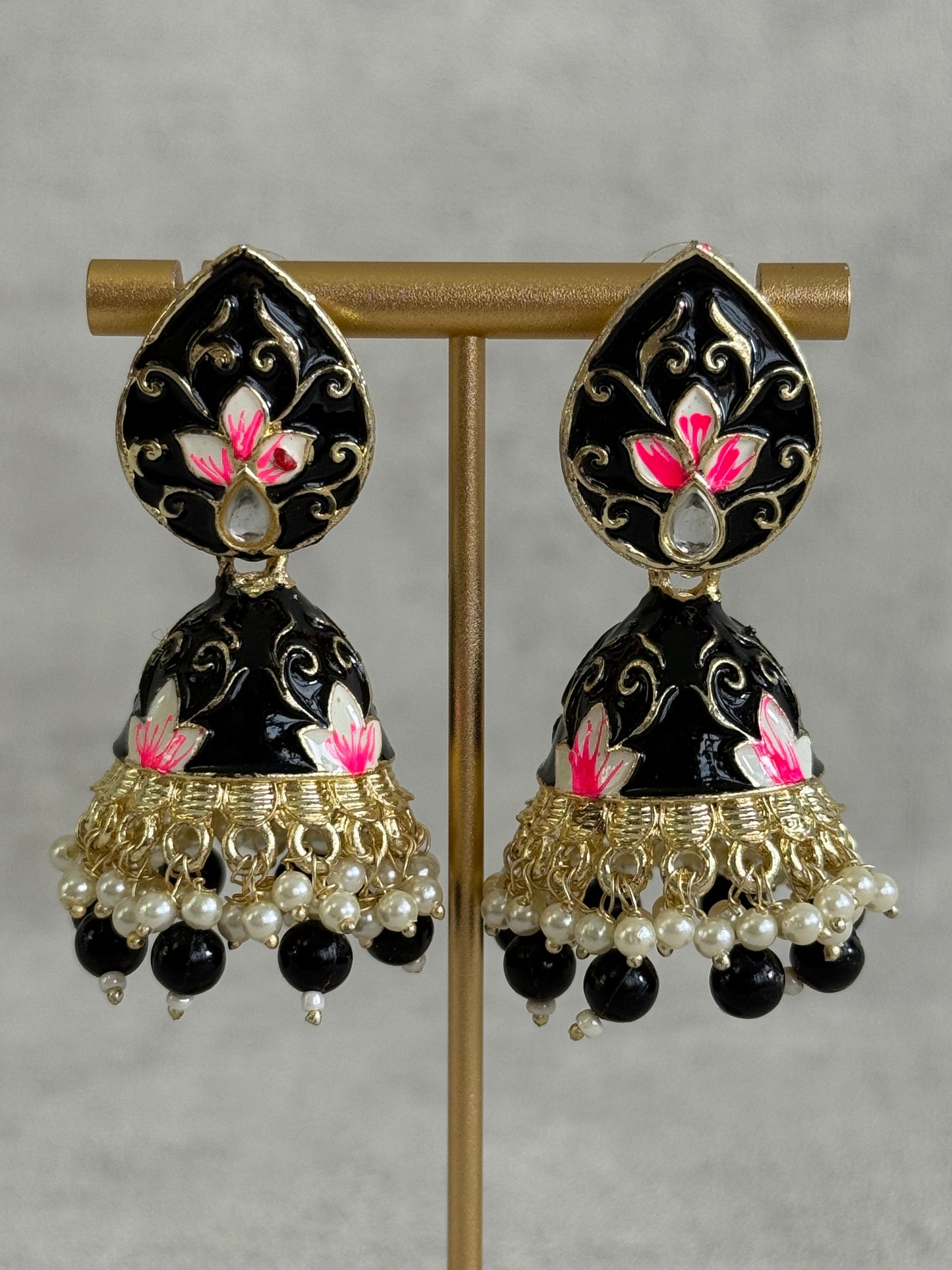 Ayura Designs Gia Jhumkis – Midnight Black Meenakari with Pink Lotus Motifs & Ivory Pearl Drops