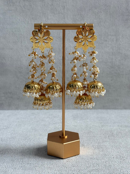 Ayura Designs Sassi Earrings – Pippal Patti Triple Jhumki Earrings with Pearl Cluster Detailing