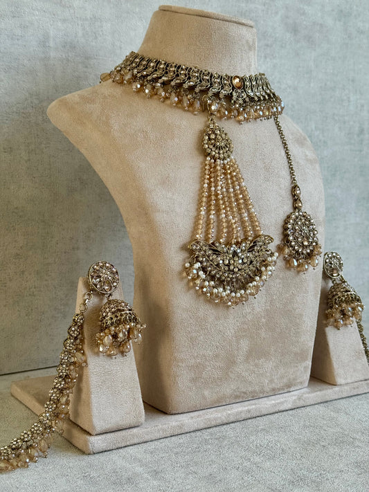 Ayura Designs Pakeeza Set with Sahare Jhumkis, Tikka & Passa – Antique Gold Finish with Champagne Stones, Pearls & Traditional Bridal Detailing