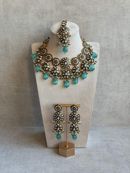 Ayura Designs Sumaira Set – Necklace, Earrings & Tikka with Kundan, Green Meenakari Detailing & Aqua Drops