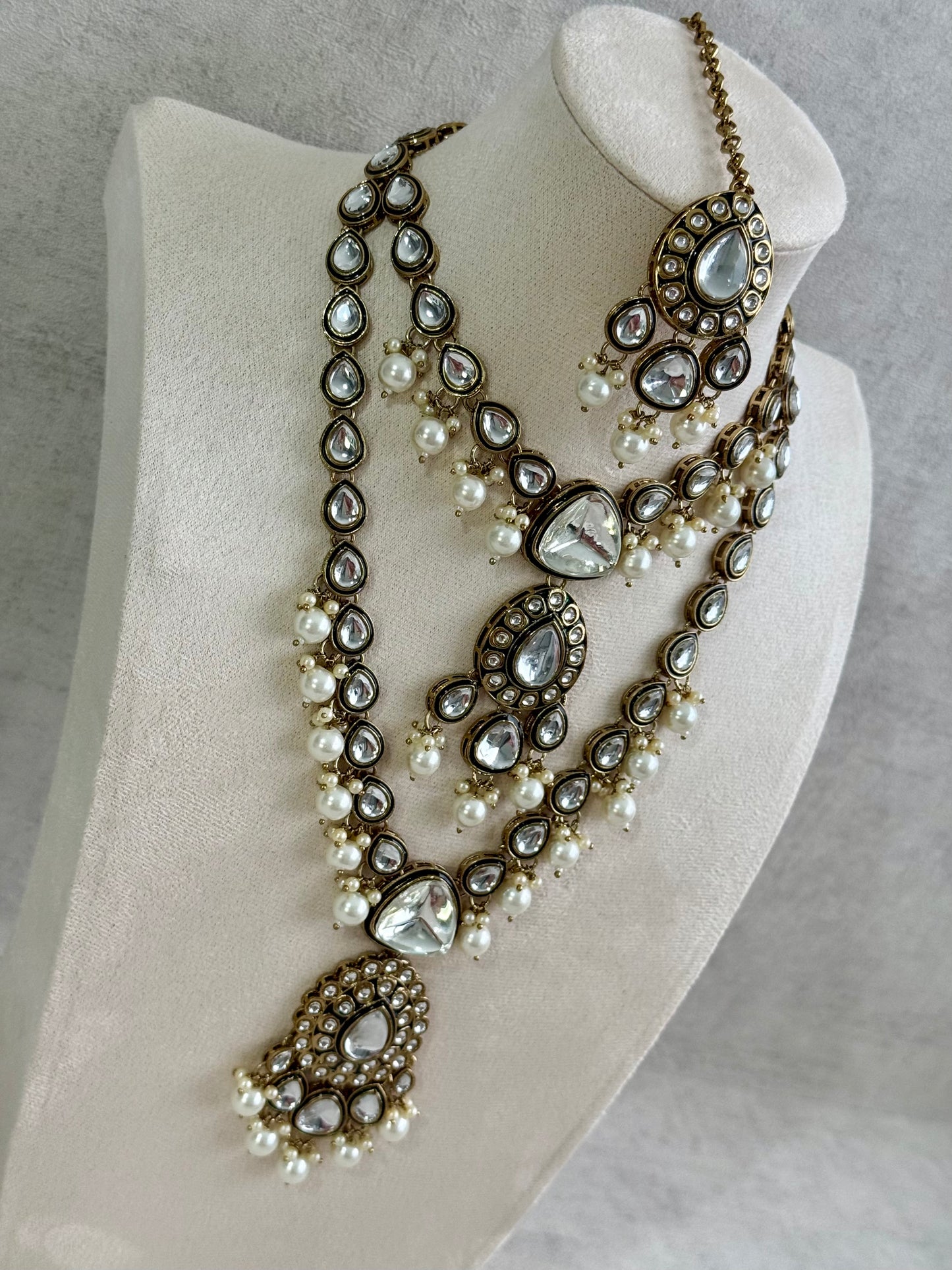 Ayura Designs Kalika Set with Necklace, Earrings, Tikka & Ring – Polki-Style Stones with Antique Green Enamel Detailing & Pearl Drops