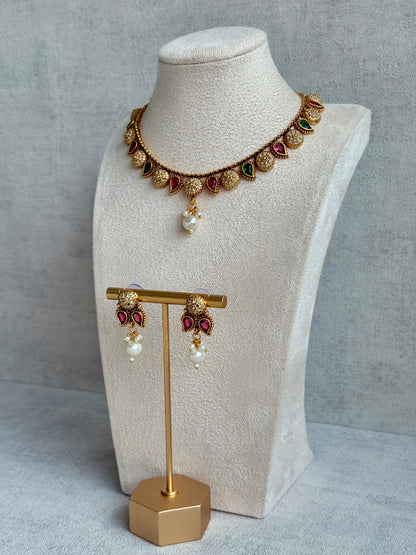 Ayura Designs Mayura Necklace Set with Earrings – Antique Gold Meenakari Motifs with Pearl Drop & Rani Pink and Emerald Green Stones