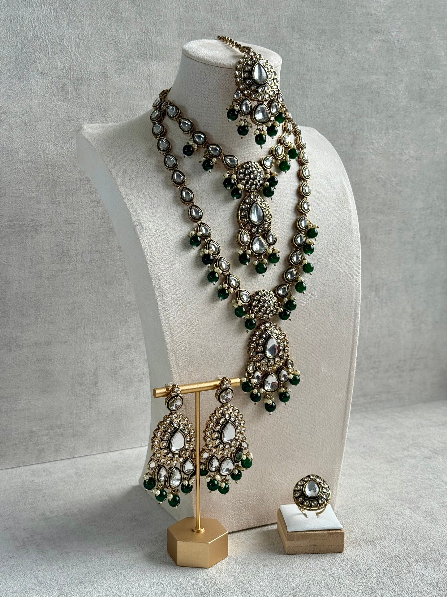 Ayura Designs Kalika Set with Necklace, Earrings, Tikka & Ring – Polki-Style Stones with Antique Green Enamel Detailing, Emerald Green Beads & Pearl Drops
