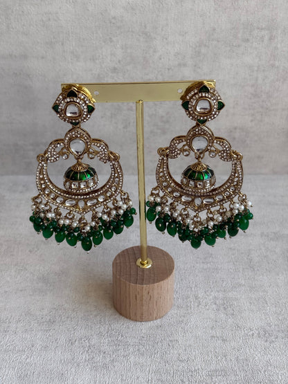 Ayura Designs Reha Earrings – Statement Chandbalis with Emerald Green Beads, Pearls & Mirror-Cut Stones