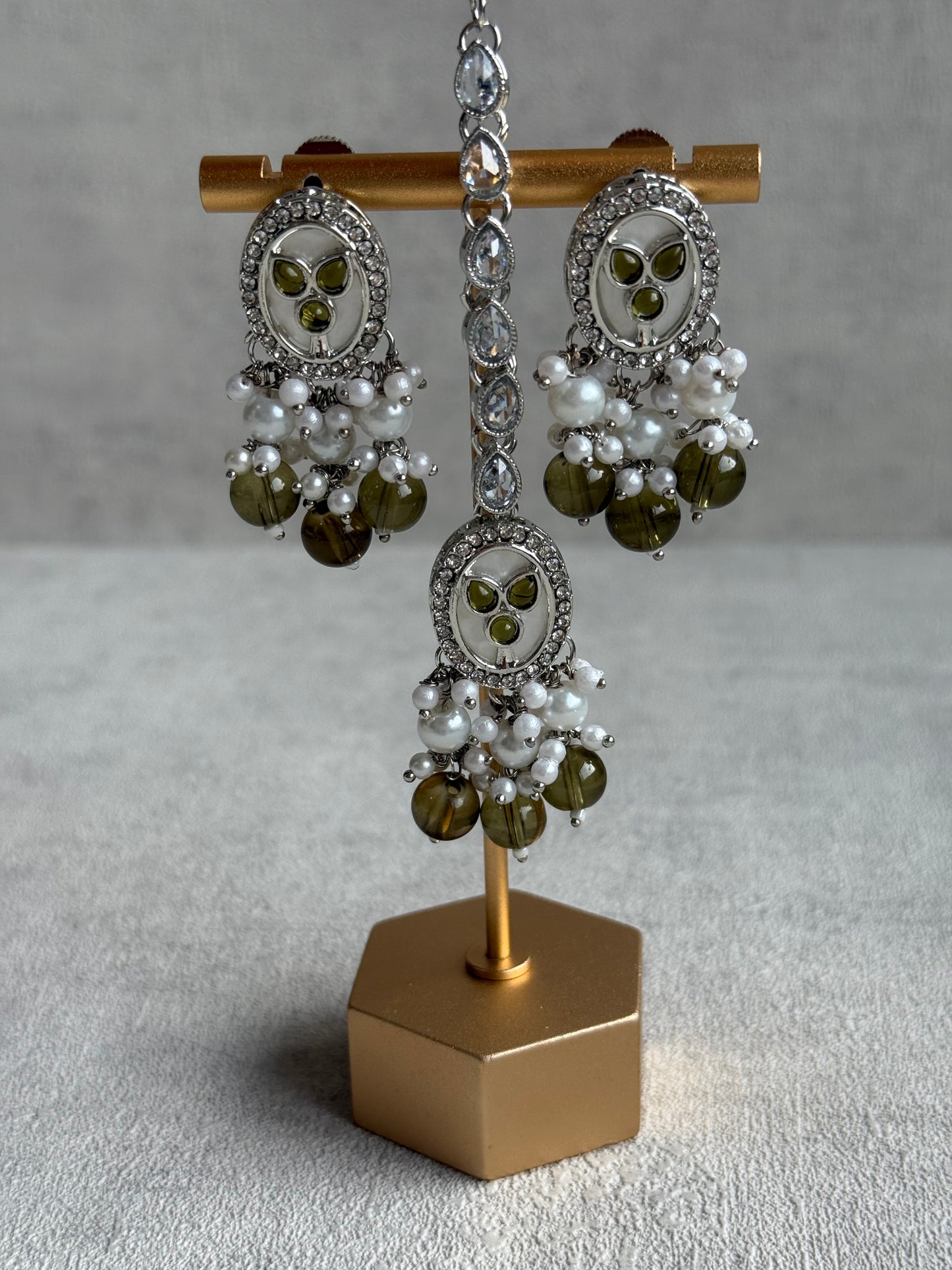 Ayura Designs Linza Set – Necklace, Earrings & Tikka in Olive Green & Pearl with Silver Finish