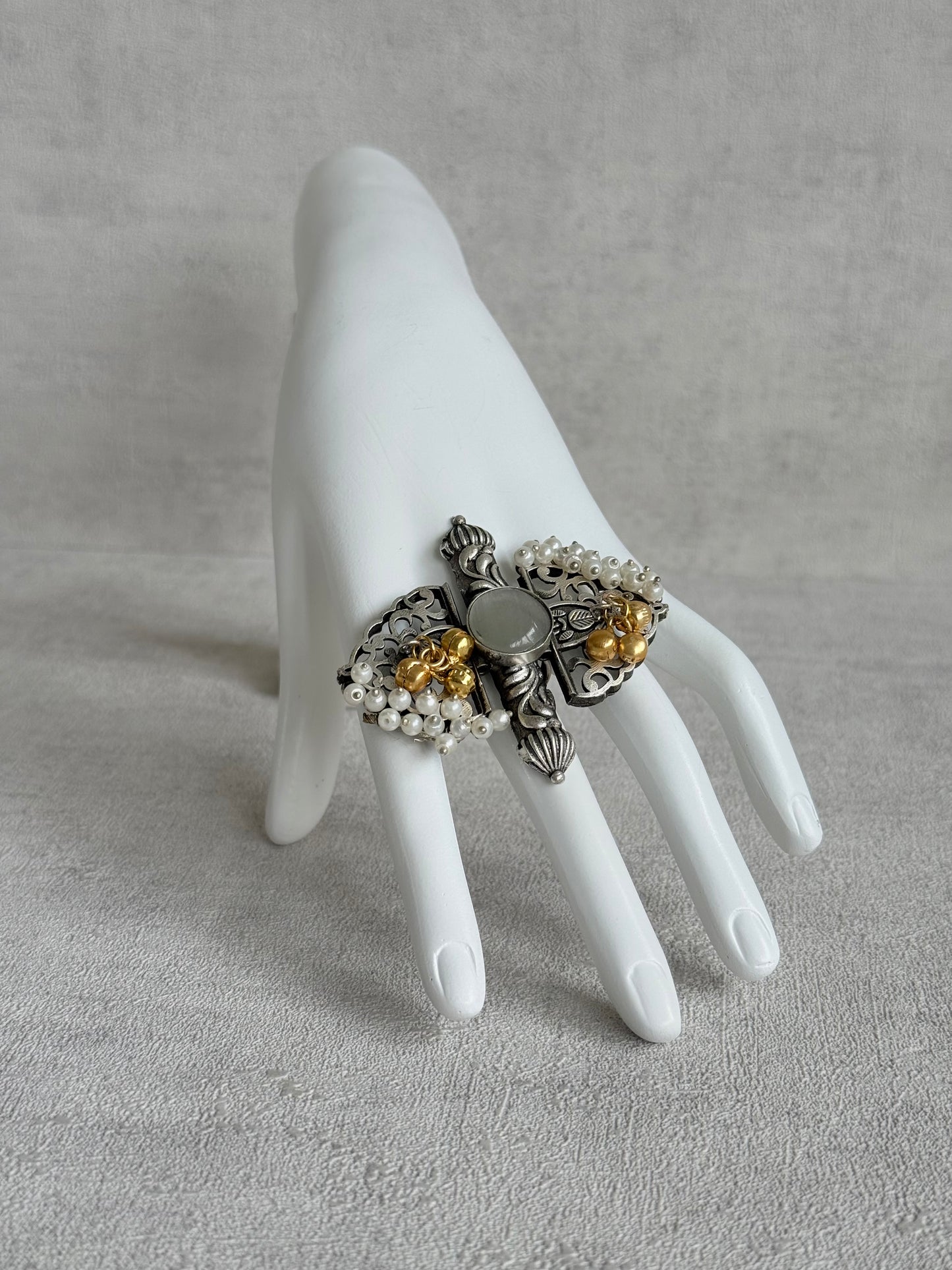 Ayura Designs Arshia Adjustable Ring – Oxidised Statement Ring with Pearl Detailing, Grey Stone & Ghungroo Charms