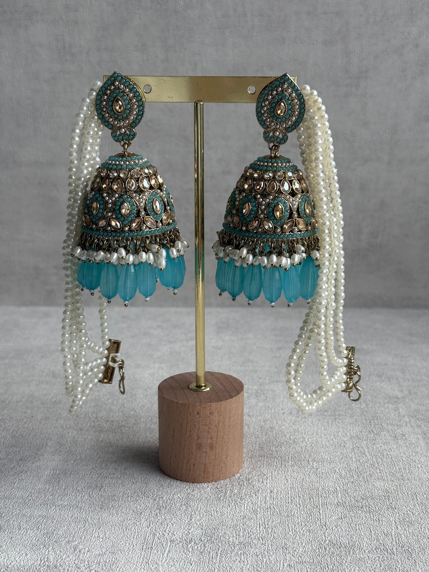 Ayura Designs Amrita Set – Jhumkis with Sahare & Tikka in Aqua Blue, Pearls and Antique Gold Finish