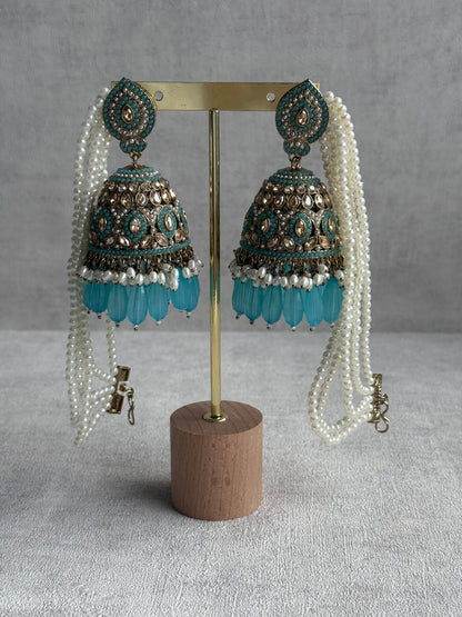 Ayura Designs Amrita Set – Jhumkis with Sahare & Tikka in Aqua Blue, Pearls and Antique Gold Finish