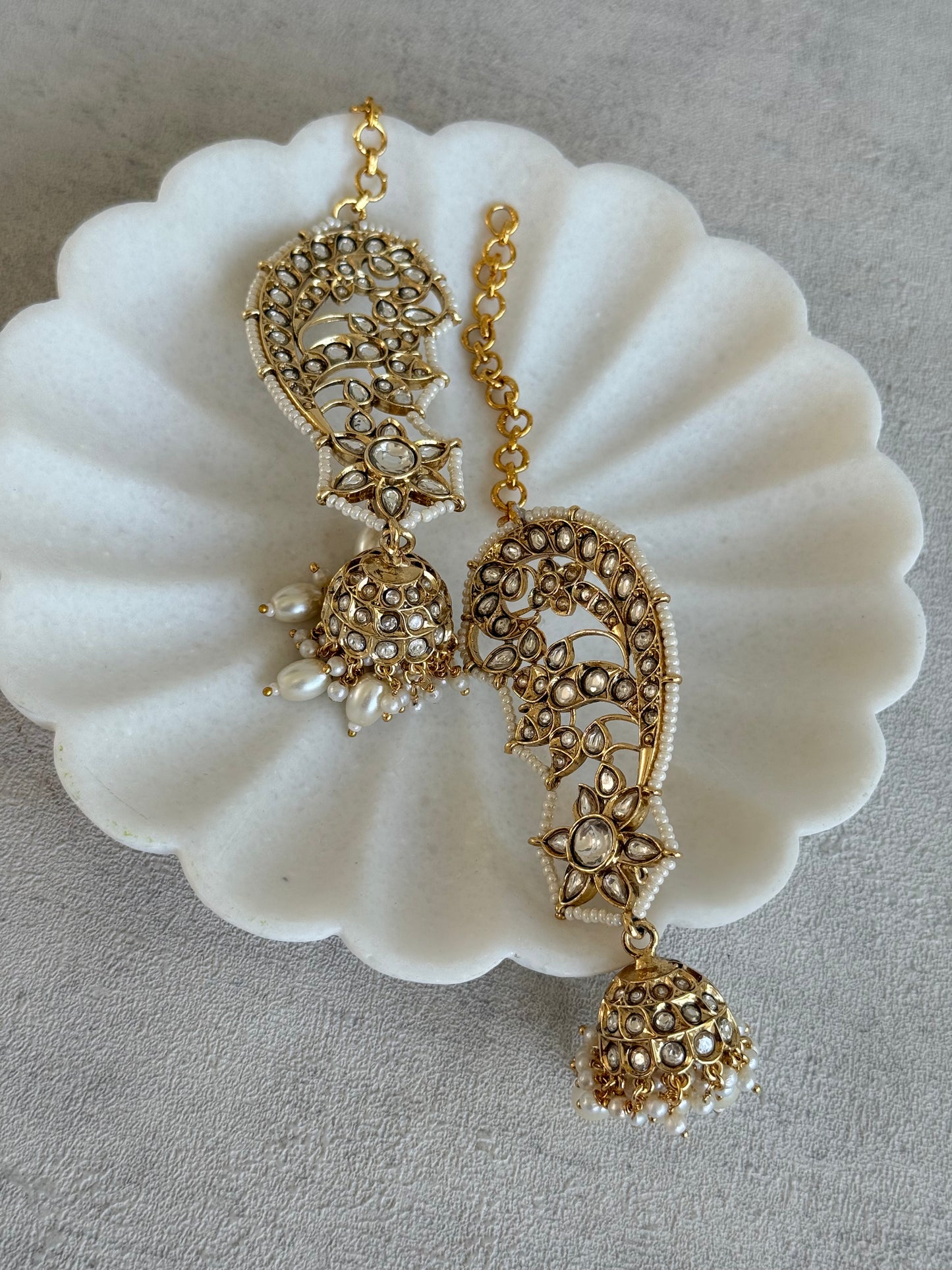 Ayura Designs Urisha Ear Climber Jhumkis – Pearl & Kundan Earrings, Indian Pakistani Bridal Wedding Jewellery
