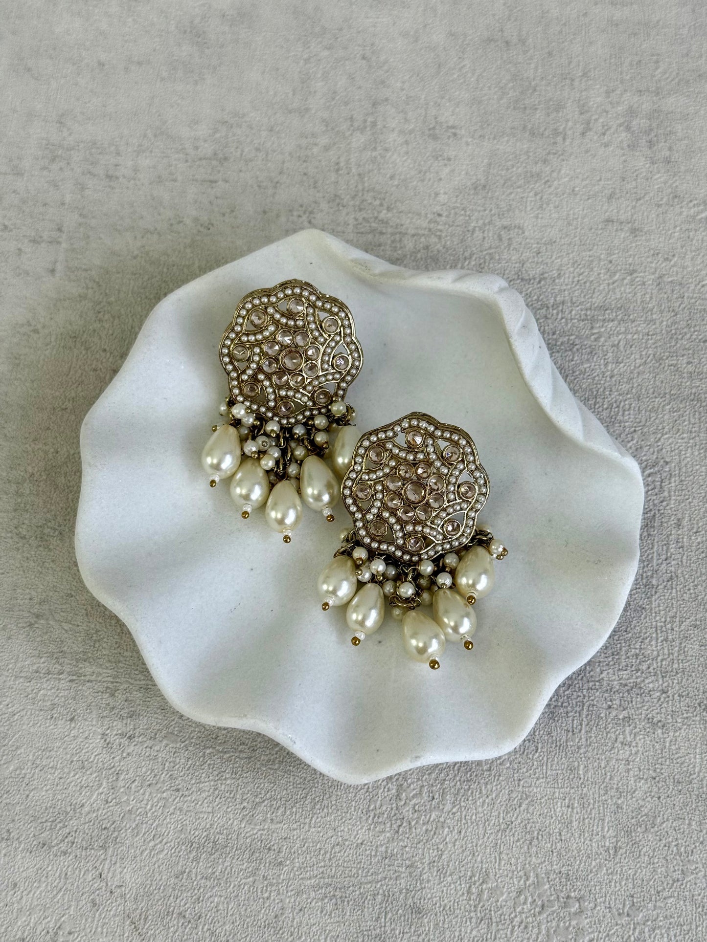 Ayura Designs Aynoor Halo Petal Earrings – Antique Gold Finish with Mirror-Cut Stones & Pearl Drops