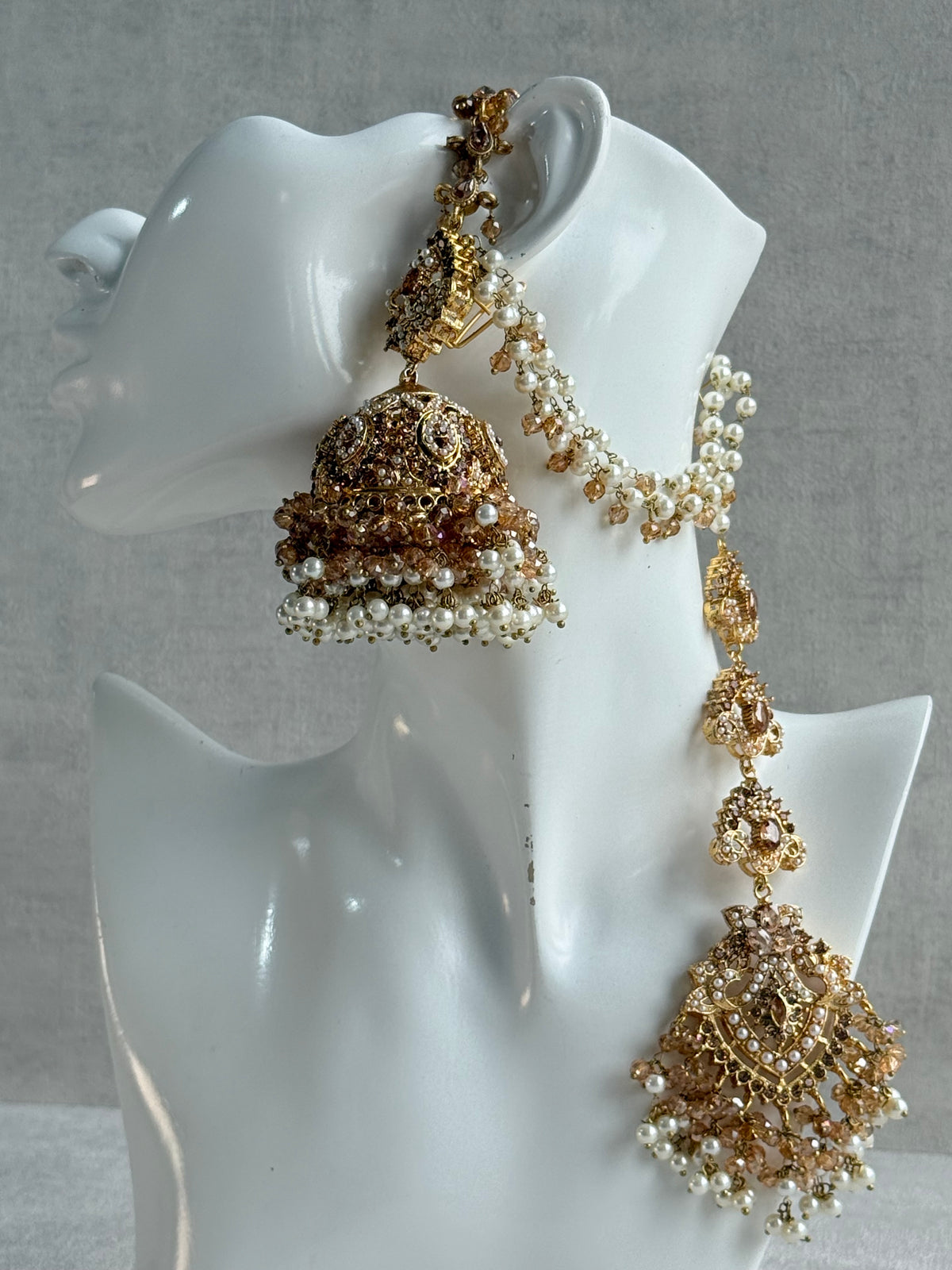 Ayura Designs Safia Tikka Set with Sahare Earrings – Champagne Gold Beads & Pearls