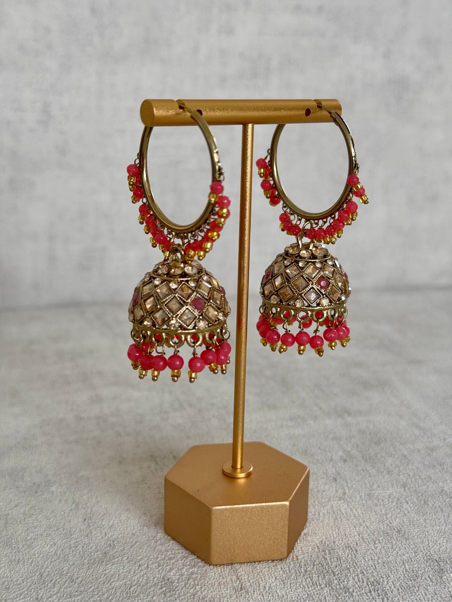 Ayura Designs Jugni Bali Jhumkas – Antique Gold with Coral Peach Beads