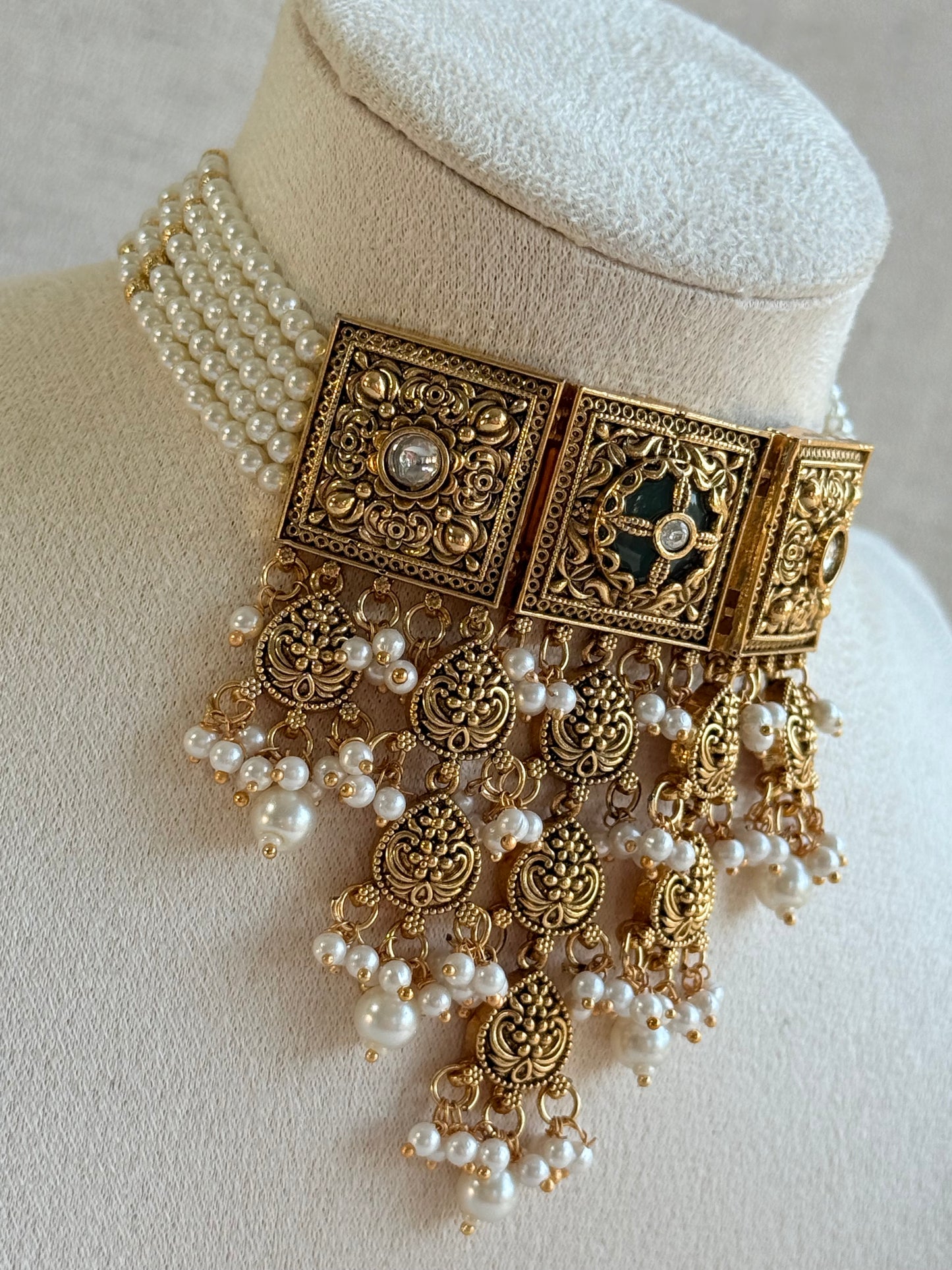 Ayura Designs Samera Choker Set with Earrings & Tikka – Ivory Beads, Pearl Detailing, Green Centre Stone, Floral Motifs & Antique Gold Finish