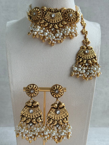 Ayura Designs Sairish Choker Set with Earrings & Tikka – Ivory Beads, Pearl Detailing, Ghungroos, Paisley Motifs & Antique Gold Finish