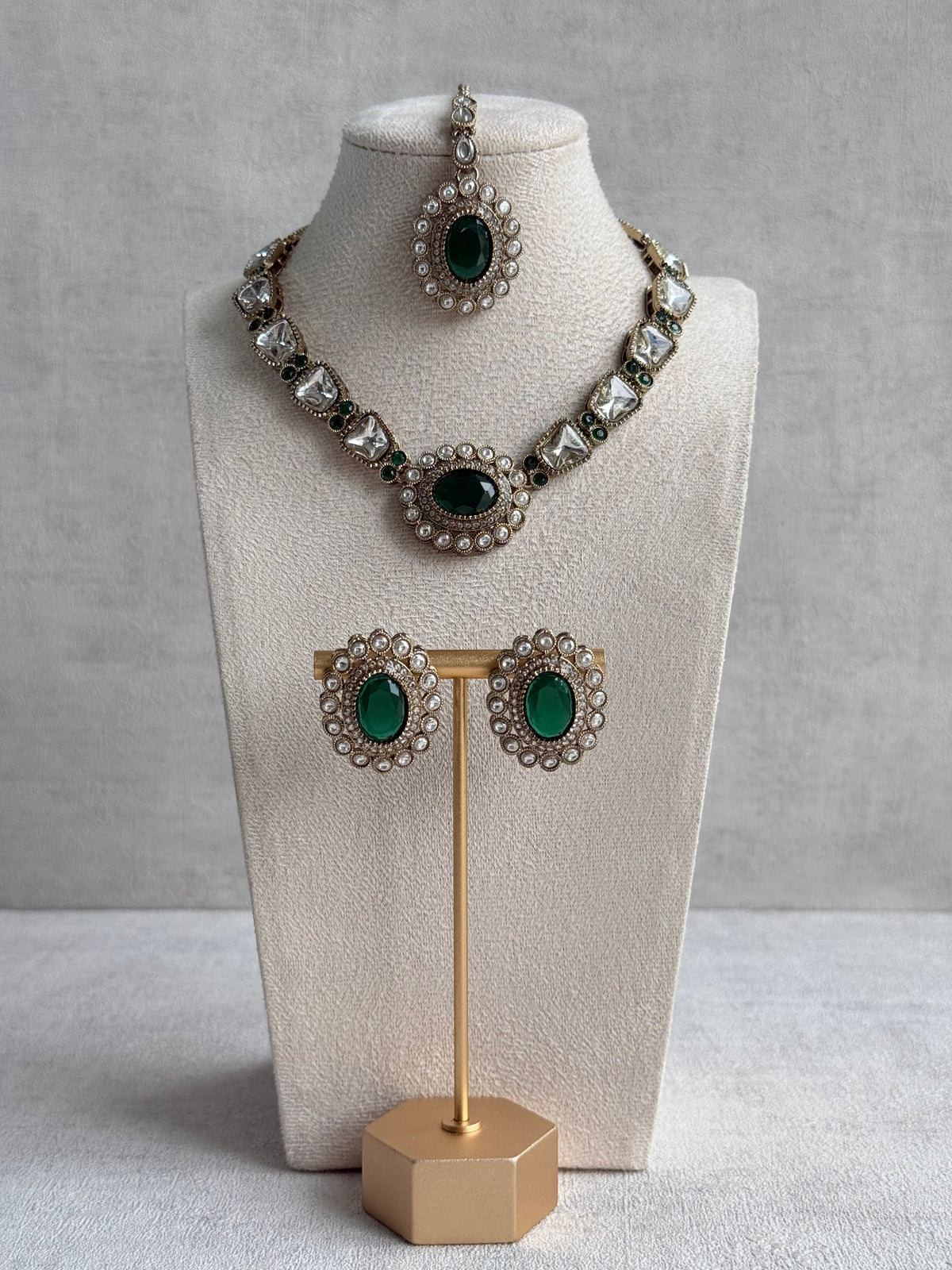 Ayura Designs Inza Necklace Set – Emerald Green Stones, Kundan & Crystals with Antique Gold Finish