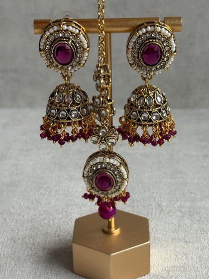 Ayura Designs Muskaan Set – Choker, Jhumkis & Tikka with Magenta Beads, Kundan Stones & Antique Gold Finish