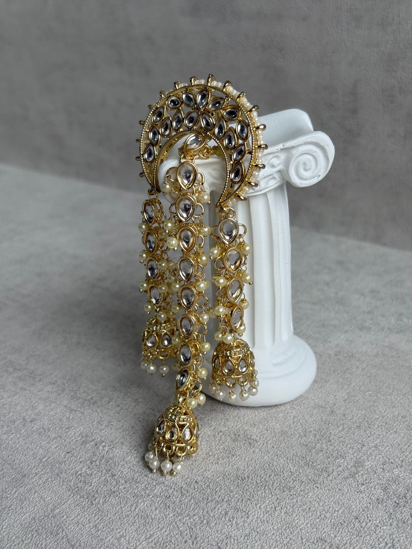Ayura Designs Enjal Hair Brooch – Crescent Polki Design with Jhumki Tassels & Pearl Detailing