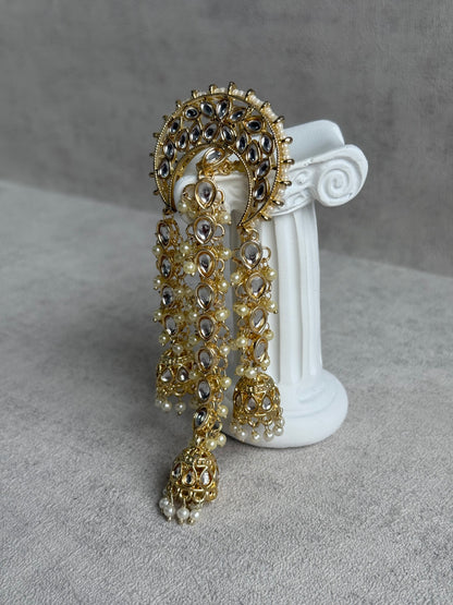 Ayura Designs Enjal Hair Brooch – Crescent Polki Design with Jhumki Tassels & Pearl Detailing
