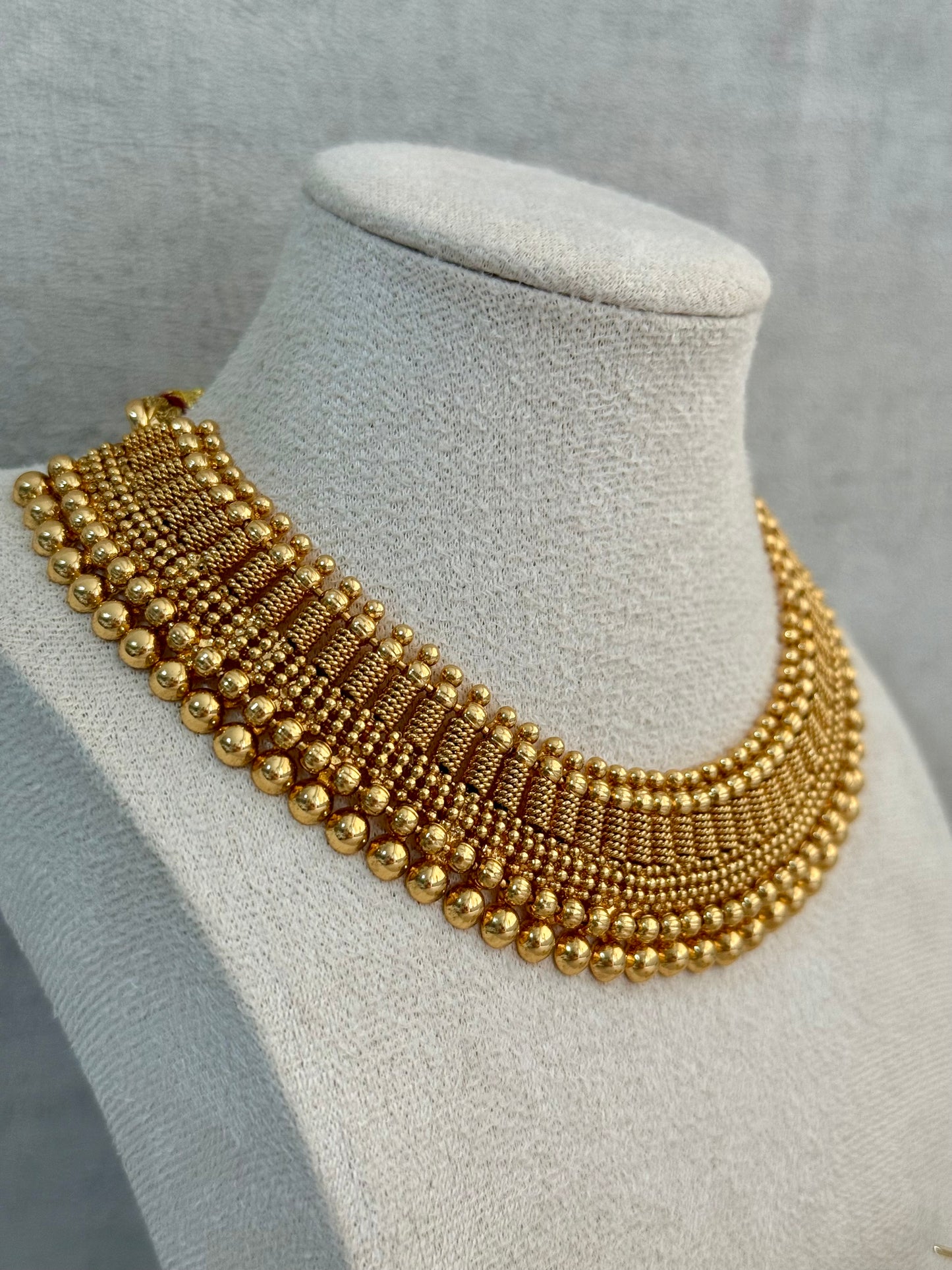 Ayura Designs Lavanya Set with Necklace & Earrings – Matte Antique Gold Beaded Design